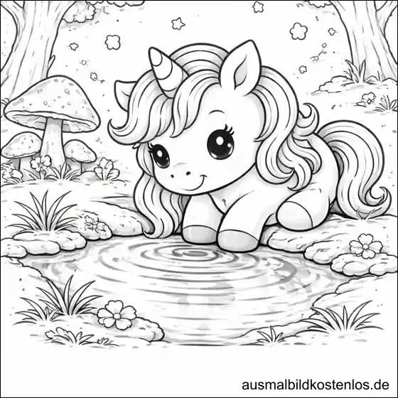 Einhorn am Waldteich – kostenlose Malvorlage