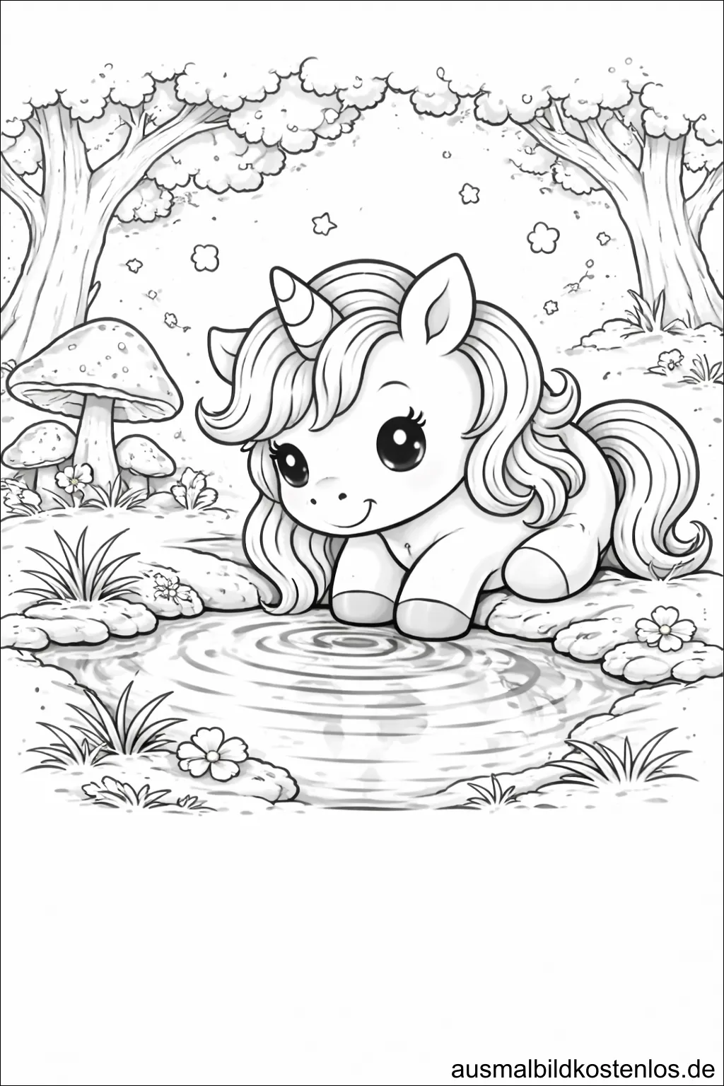 Einhorn am Waldteich - kostenlose Malvorlage