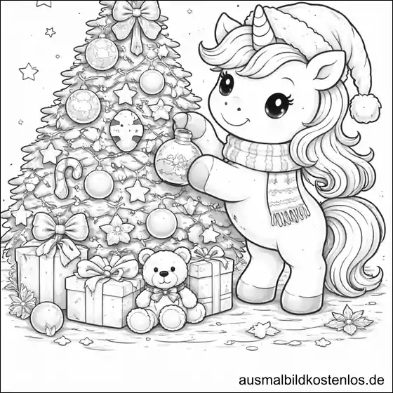 Weihnachts-Einhorn mit Tannenbaum – gratis Ausmalbild