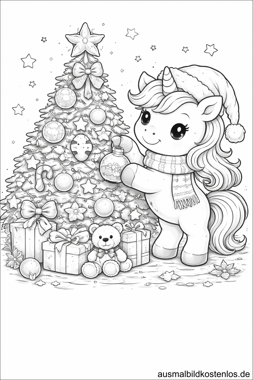 Weihnachts-Einhorn mit Tannenbaum – gratis Ausmalbild
