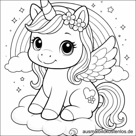 Einhorn auf Wolke - gratis Ausmalbild