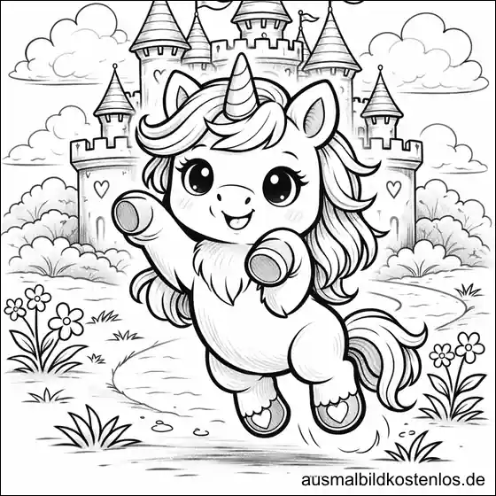 Kostenlose Malvorlage: Einhorn-Sprung vor Märchenschloss