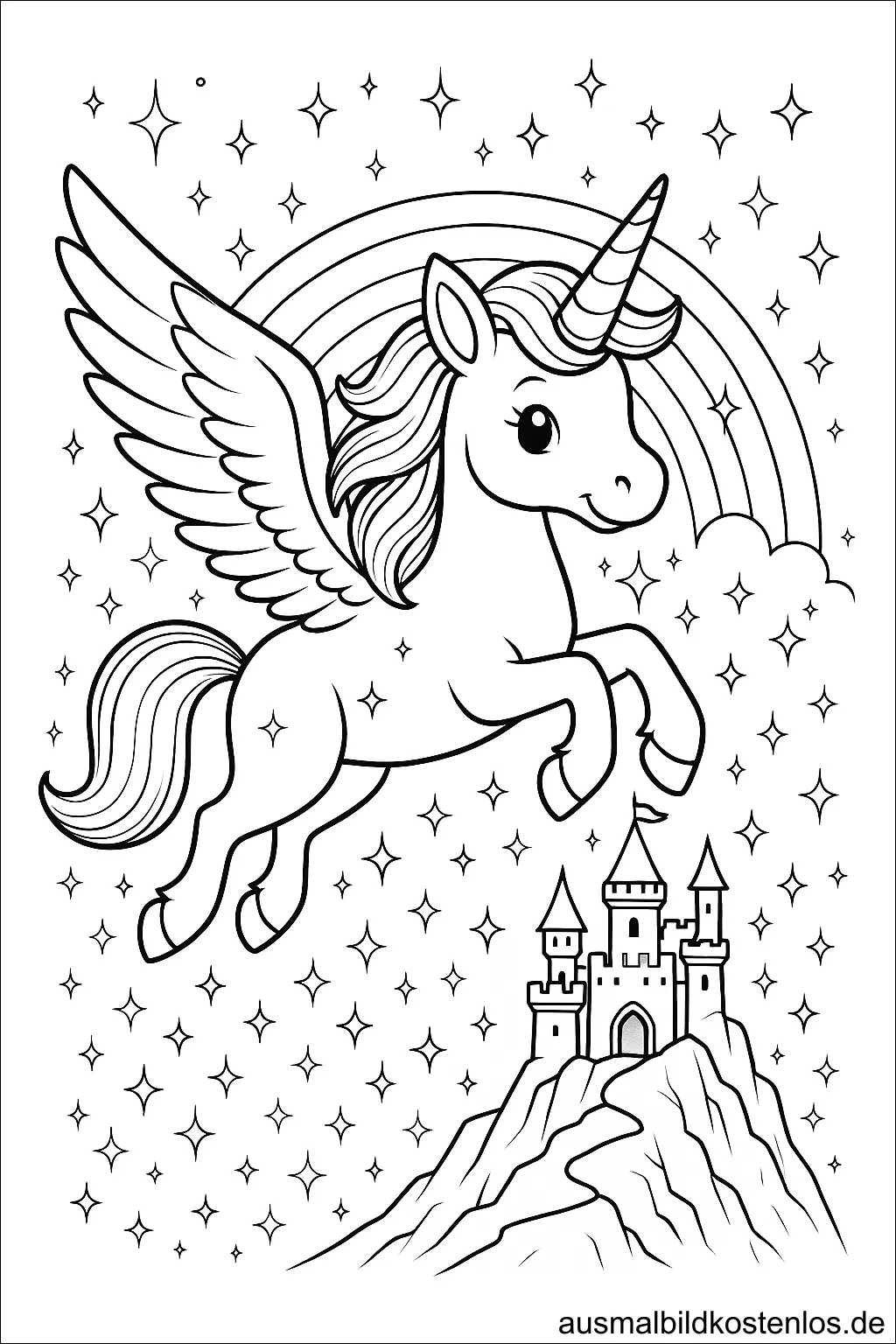 Ausmalbild fliegendes Einhorn mit Schloss und Regenbogen