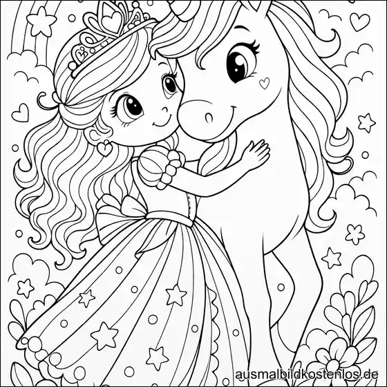 Prinzessin umarmt Einhorn - märchenhafte Malvorlage