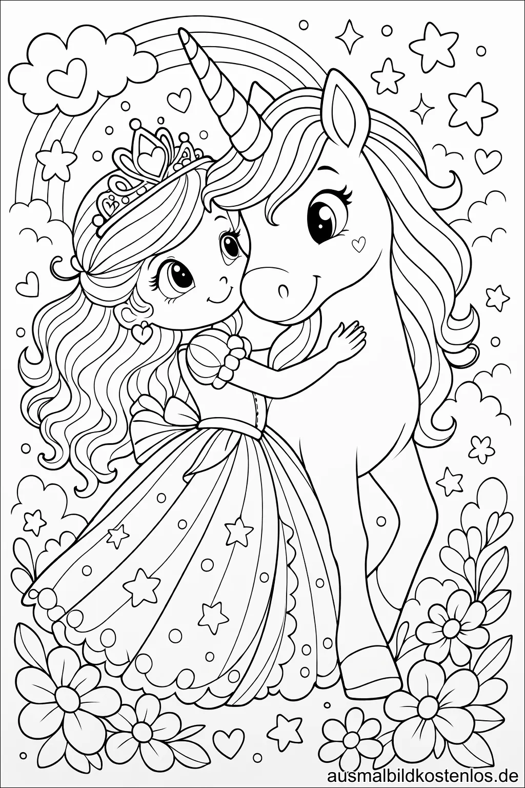 Prinzessin umarmt Einhorn - märchenhafte Malvorlage