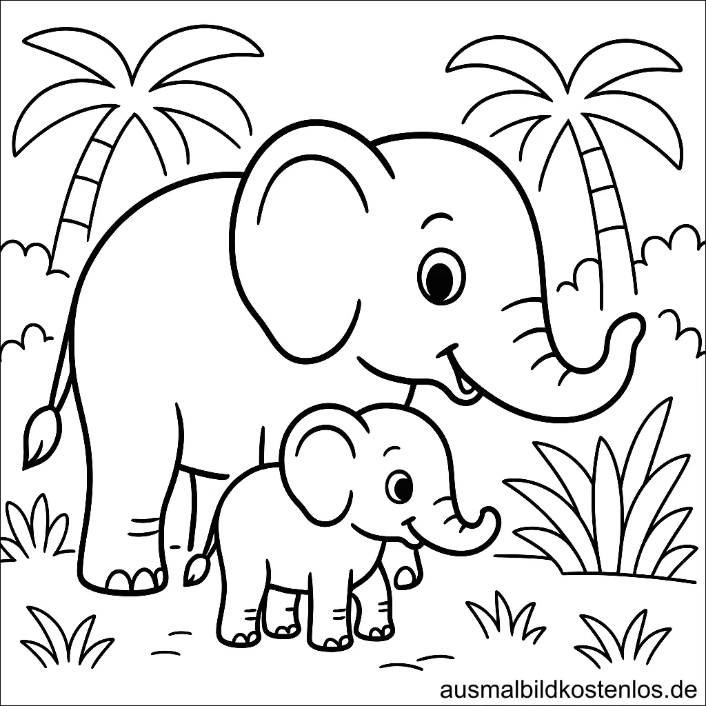 Ausmalbild Elefant-Mama mit Elefant-Kind auf Lichtung im Wald