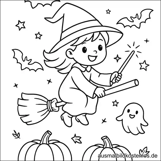 Halloween Ausmalbild: Fliegende Hexe mit Besen