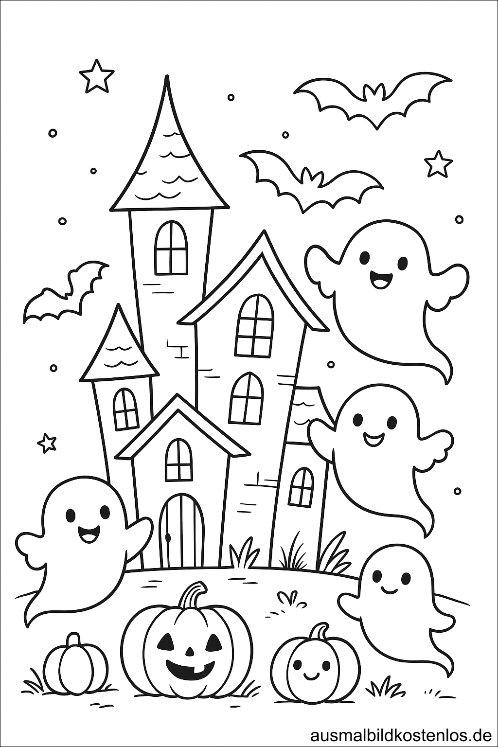 Fröhliche Geister am Spukhaus Halloween Ausmalbild