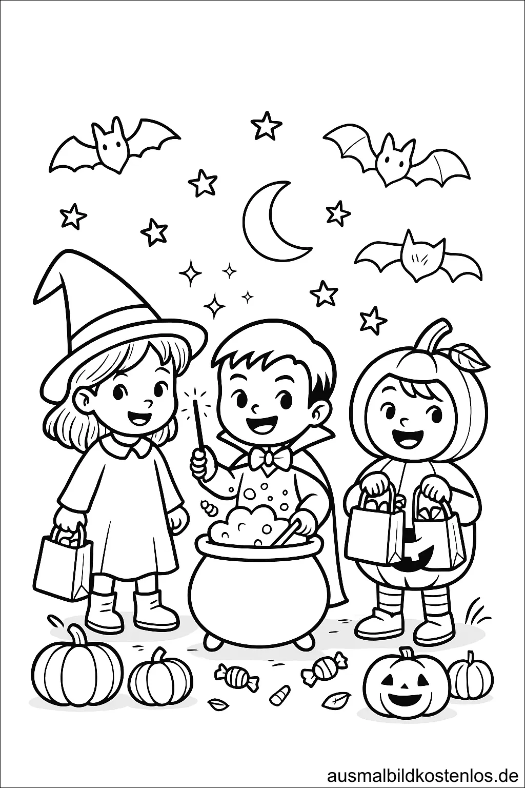 Halloween Ausmalbild: Kinder feiern gemeinsam