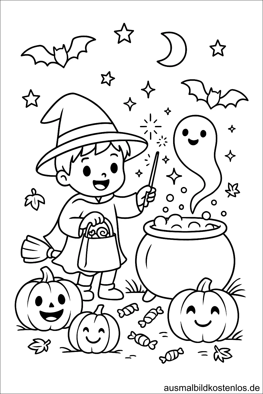 Halloween Ausmalbild: Zauberer-Junge mit Kürbissen