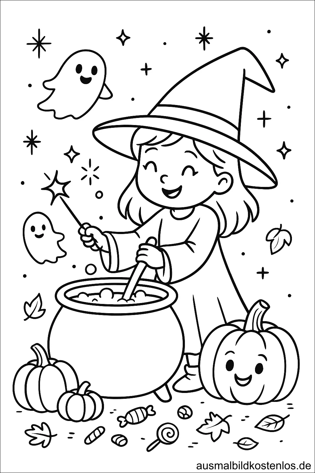 Halloween Malvorlage: Hexe rührt Zaubertrank im Kessel