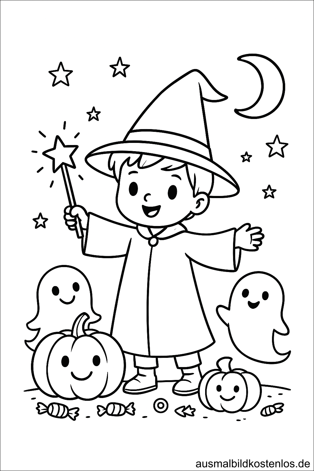 Junger Zauberer Halloween Ausmalbild