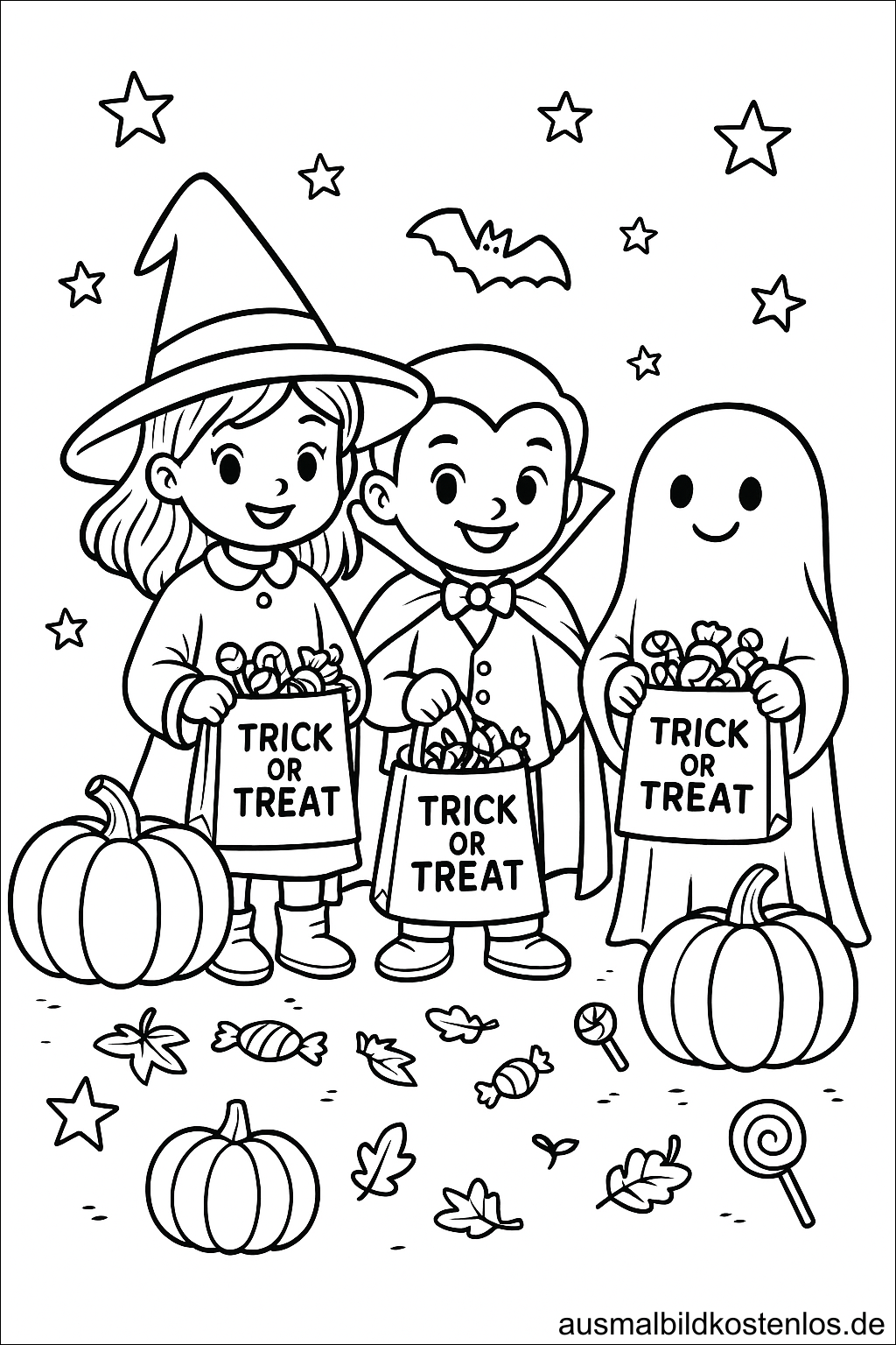 Kinder mit Trick-or-Treat Halloween Ausmalbild