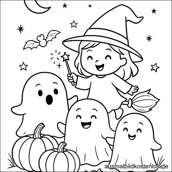 Kleine Hexe mit Zauberstab – Ausmalbild für Halloween