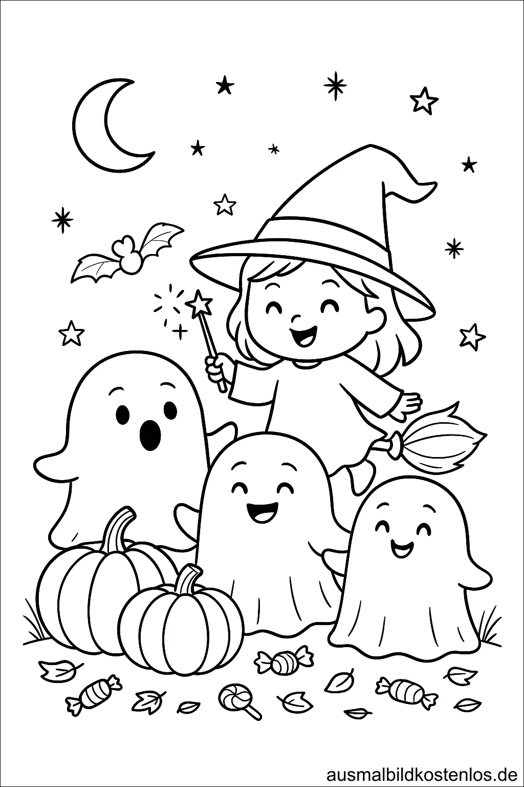 Kleine Hexe mit Zauberstab - Ausmalbild für Halloween