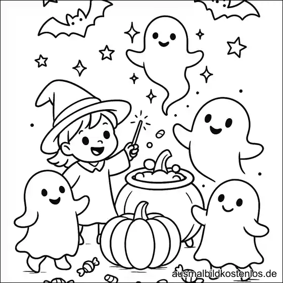 Kleine Hexe und viele Geister – Malvorlage für Halloween