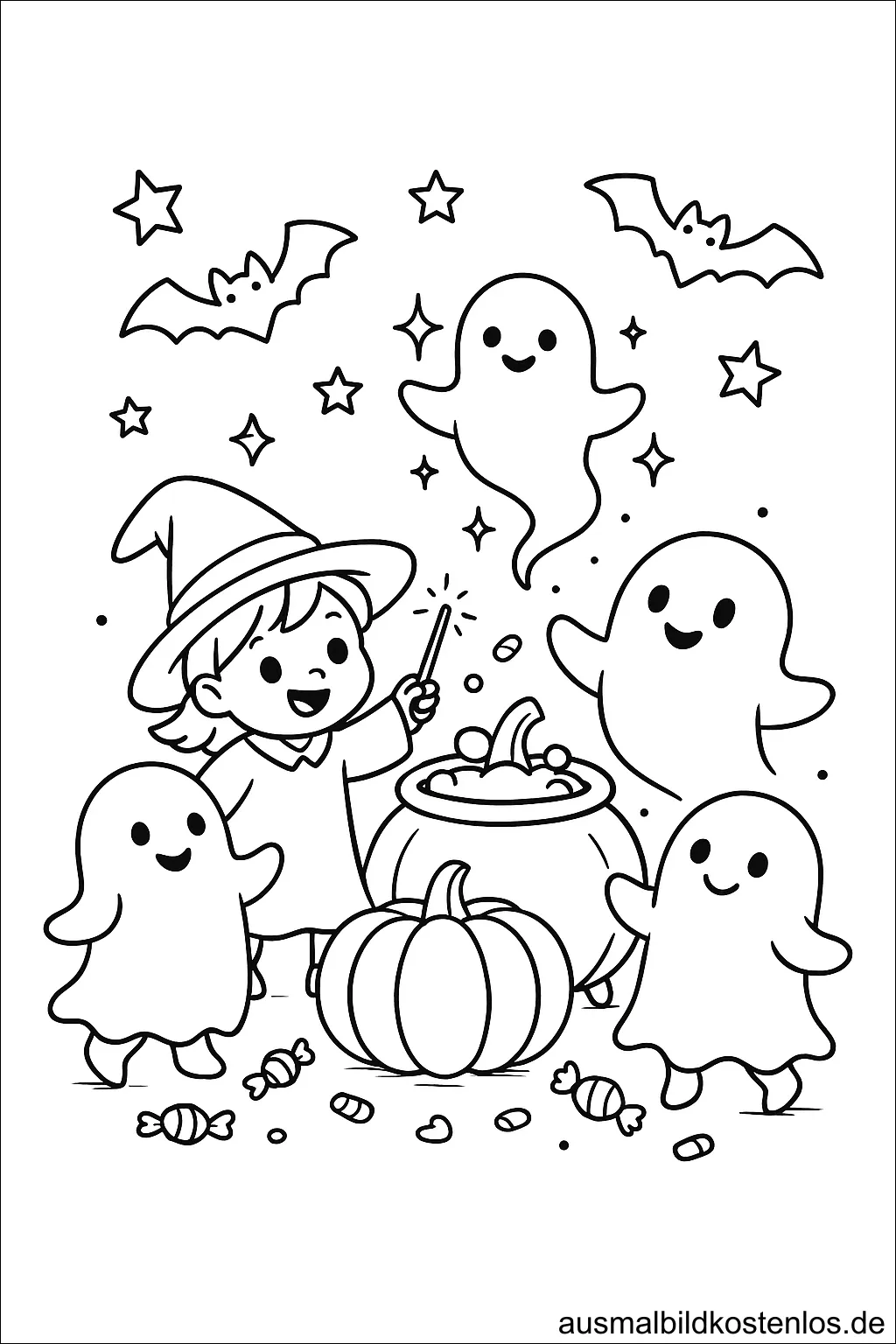 Kleine Hexe und viele Geister - Malvorlage für Halloween