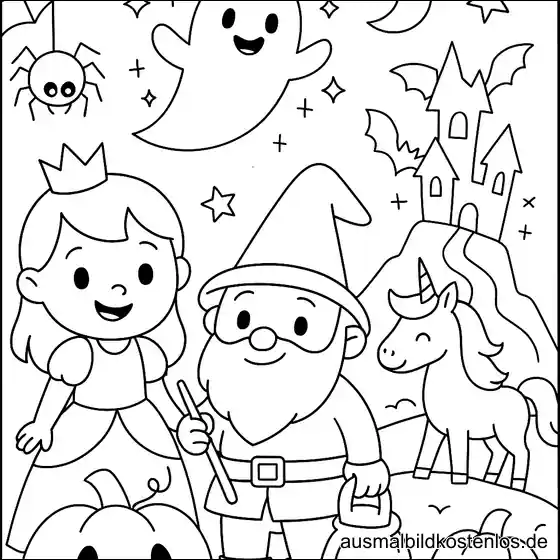 Prinzessin mit Zwerg – Malvorlage für Halloween