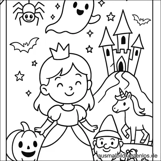 Prinzessin und Zwerg – Halloween Ausmalbild mit Geist