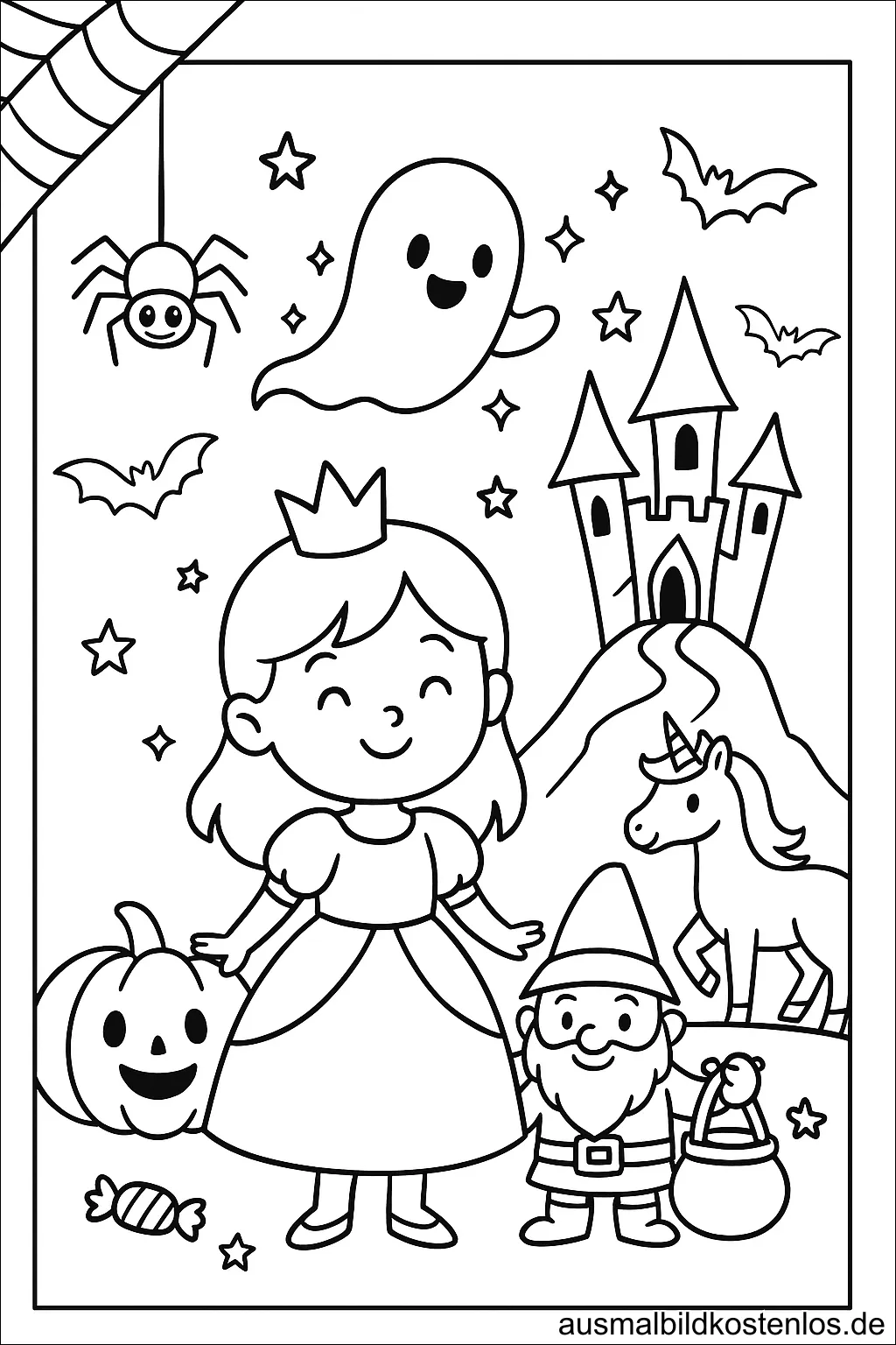 Prinzessin und Zwerg - Halloween Ausmalbild mit Geist