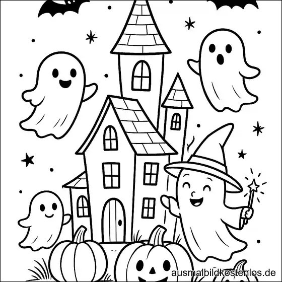 Spukhaus mit Geistern Halloween Ausmalbild