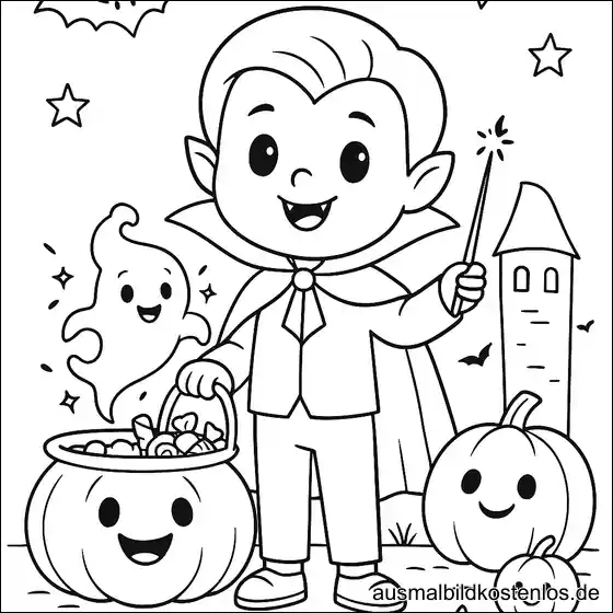 Süßer Vampir mit Zauberstab – Ausmalbild für Halloween