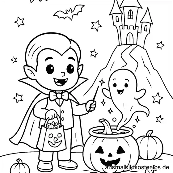 Vampir mit Schloss im Hintergrund – Halloween Malvorlage
