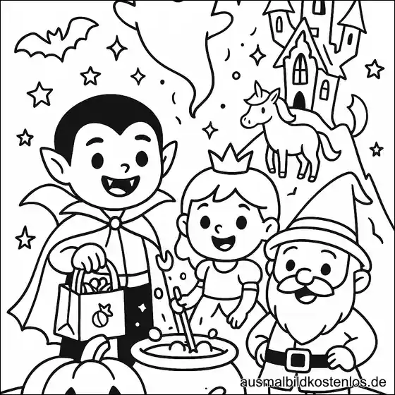 Vampir, Prinzessin und Zwerg – Ausmalbild für Halloween