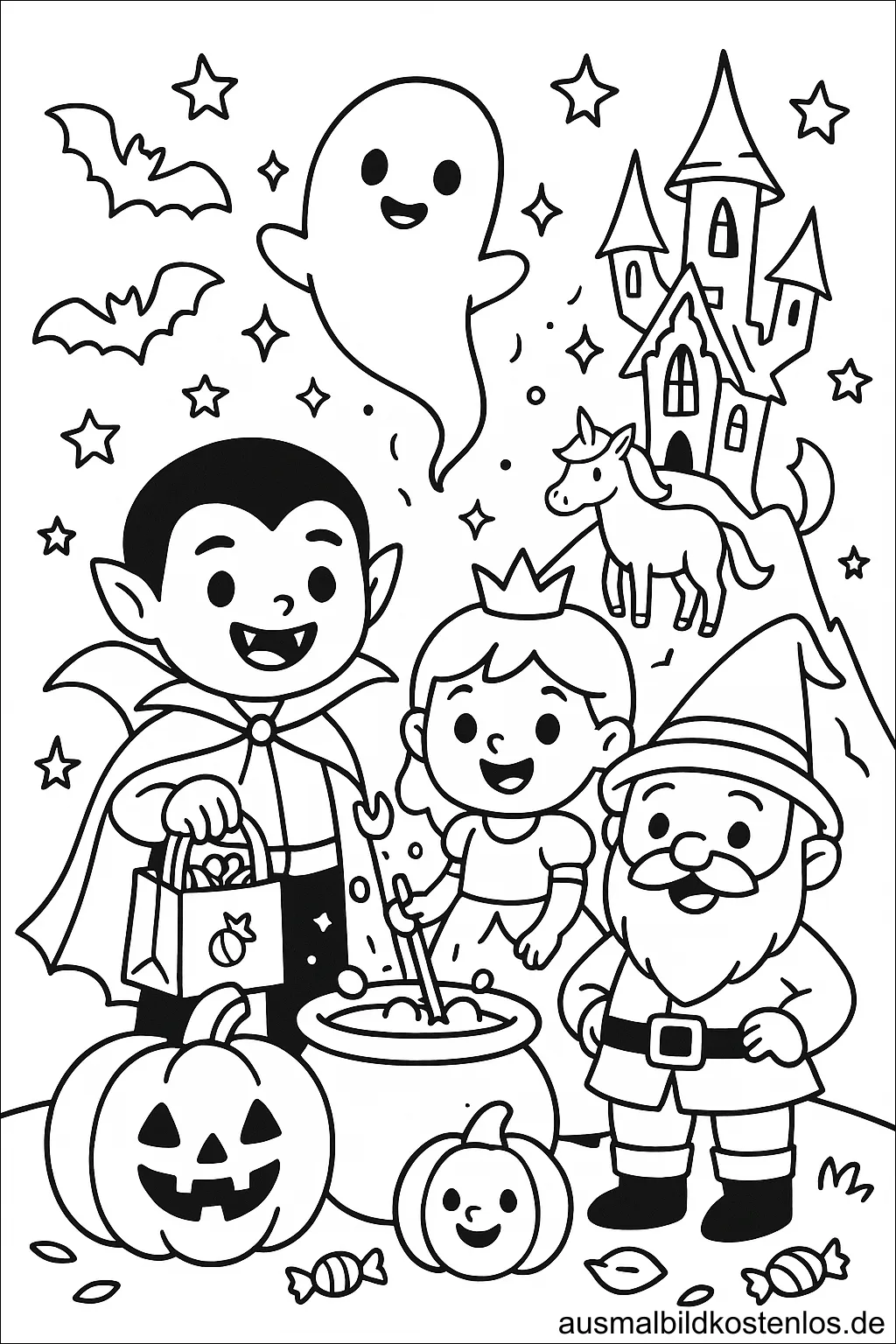 Vampir, Prinzessin und Zwerg – Ausmalbild für Halloween