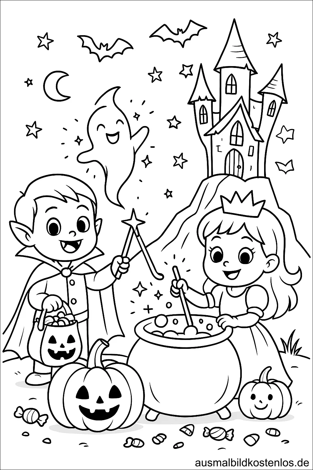 Vampir und Prinzessin - Halloween Ausmalbild für Kinder