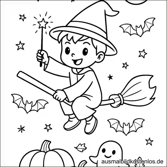 Halloween Ausmalbild: Junge Zauberer auf dem Besen