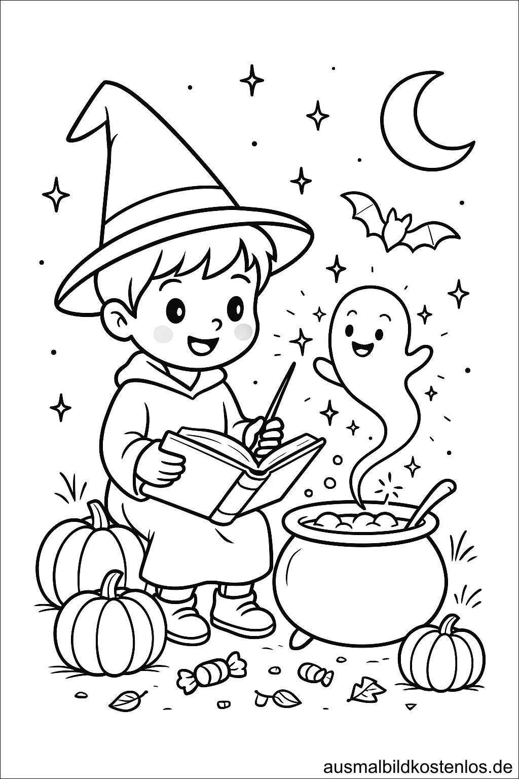 Halloween Malvorlage: Zauberer-Junge liest Zauberbuch