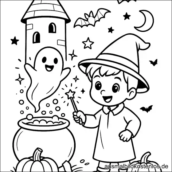 Halloween Ausmalbild: Zauberer-Junge und Geister