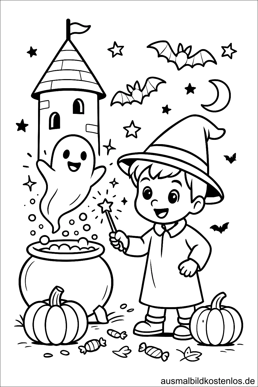 Halloween Ausmalbild: Zauberer-Junge und Geister