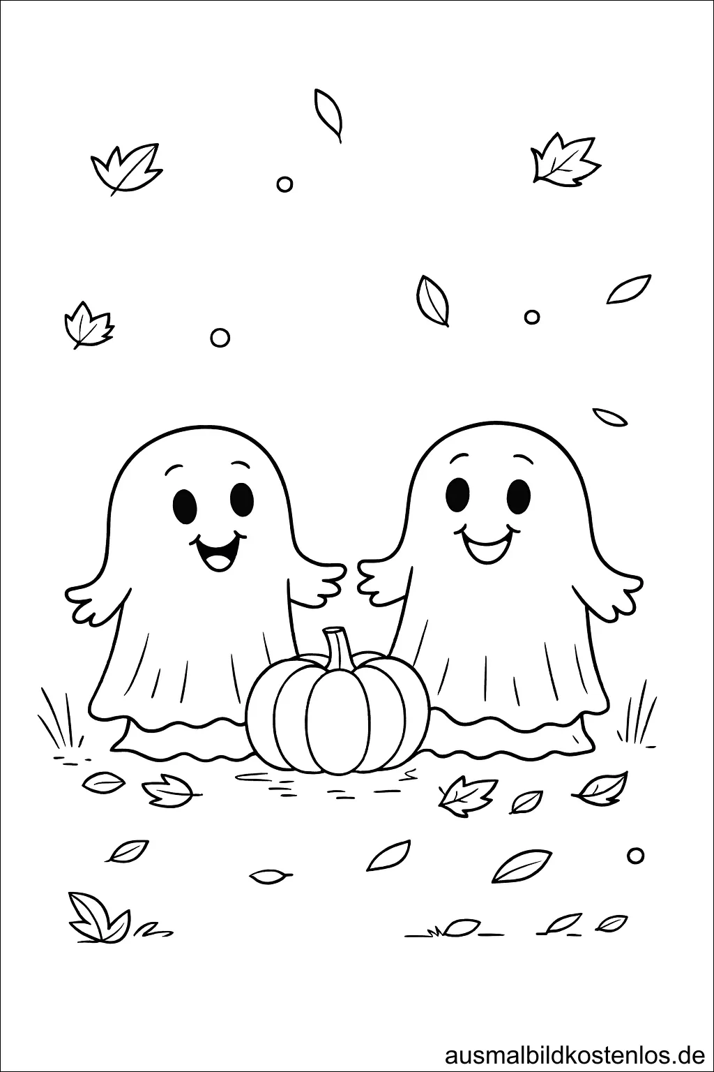 Zwei fröhliche Geister mit Kürbissen – Ausmalbild für Halloween