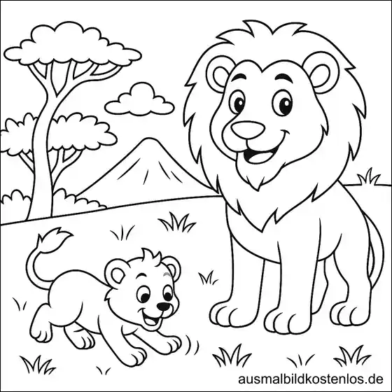 Papa-Löwe spielt mit Baby-Löwe - kostenlose Malvorlage zum Ausmalen