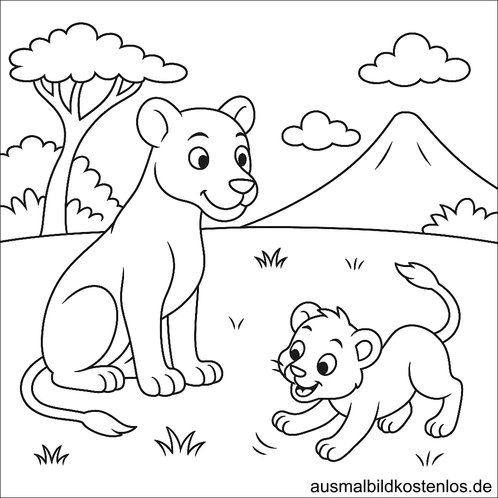 Löwin spielt mit Löwen-Baby - Malvorlage zum Ausmalen