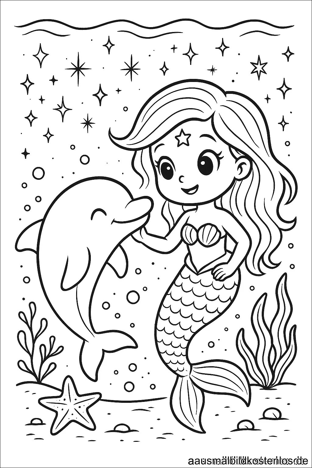 Meerjungfrau mit Delfin Ausmalbild für Kinder