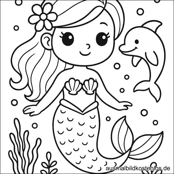Meerjungfrau mit Delfin und Fischen Ausmalbild
