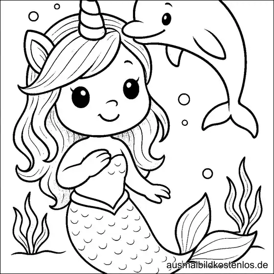 Meerjungfrau mit Einhorn und Delfin Ausmalbild
