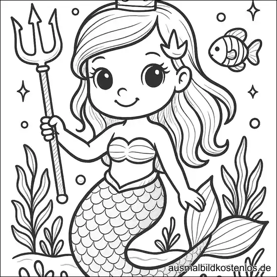 Meerjungfrau Prinzessin mit Krone und Dreizack Ausmalbild