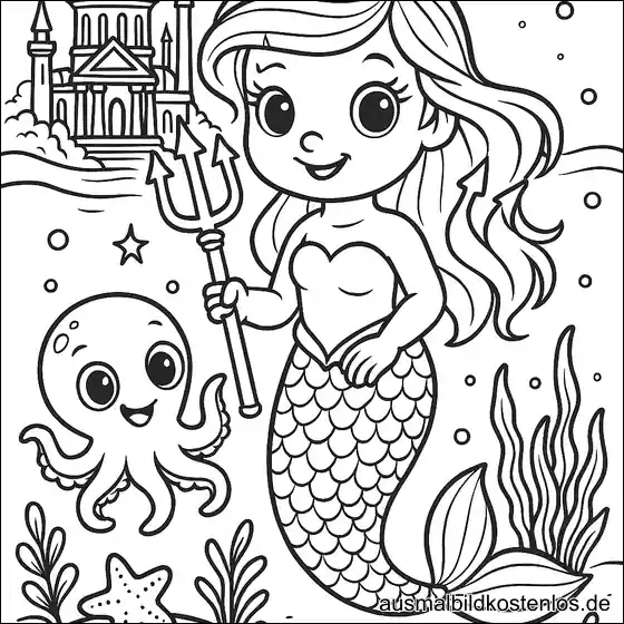 Meerjungfrau mit Krone und Oktopus Ausmalbild