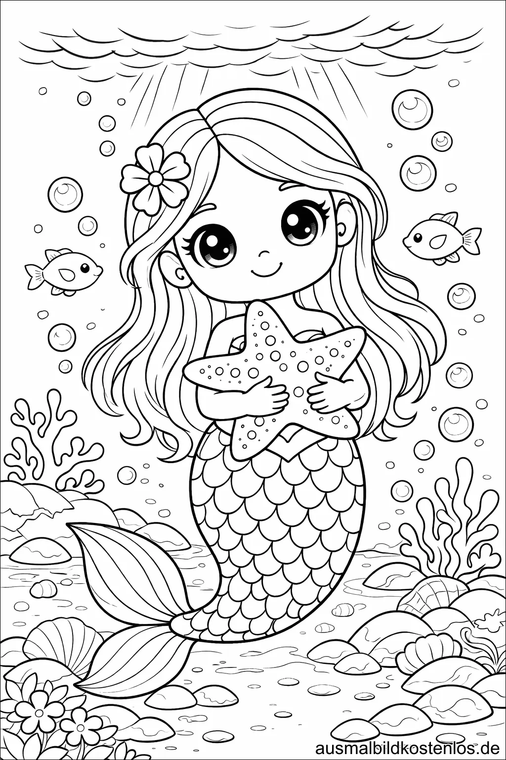 Meerjungfrau mit Seestern - kostenlose Malvorlage