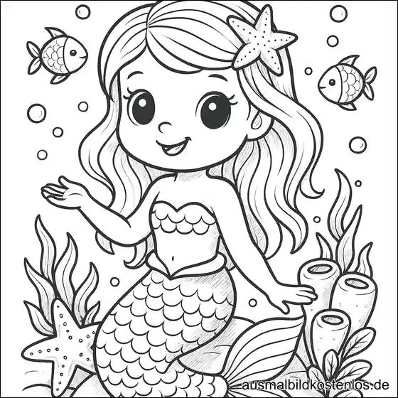 Meerjungfrau mit Seestern und Fischen Ausmalbild