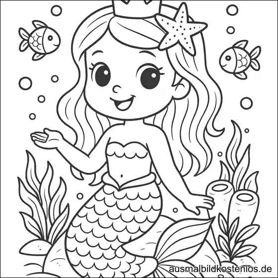 Meerjungfrau Prinzessin mit Krone und Seestern Ausmalbild