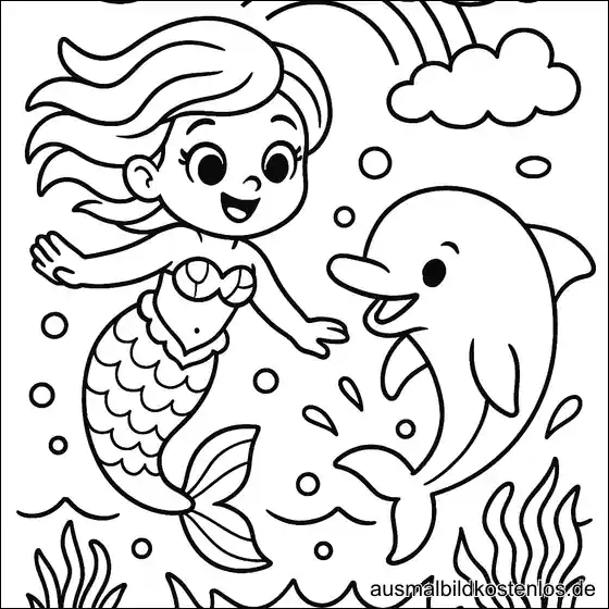 Meerjungfrau und Delfin spielen Ausmalbild
