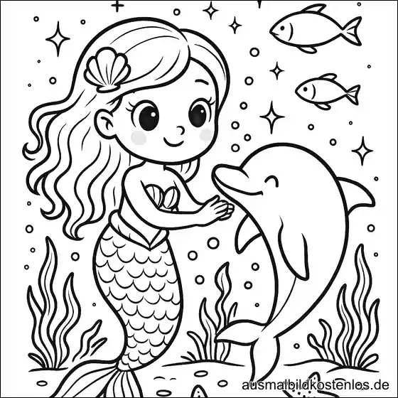Meerjungfrau und Delfin unter Wasser Ausmalbild