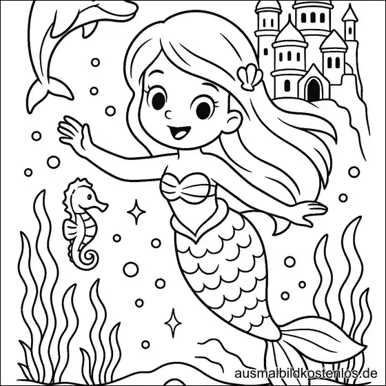Meerjungfrau und Delfin vor dem Schloss Ausmalbild