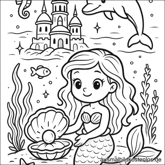 Meerjungfrau vor Atlantis mit Delfin Ausmalbild