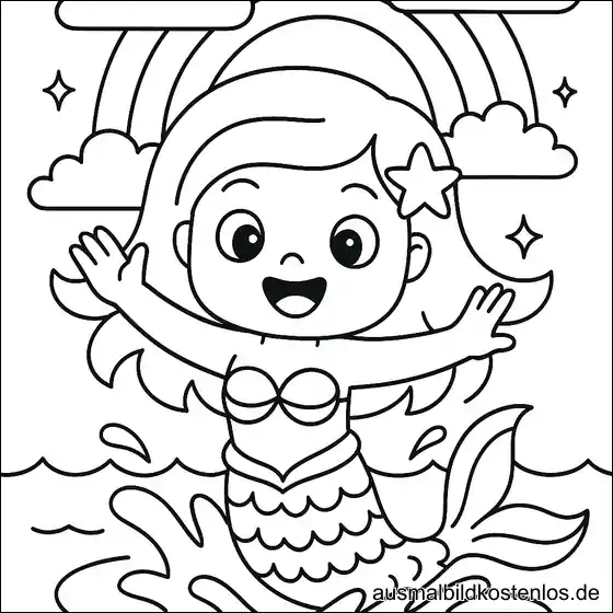 Meerjungfrau vor großem Regenbogen Ausmalbild